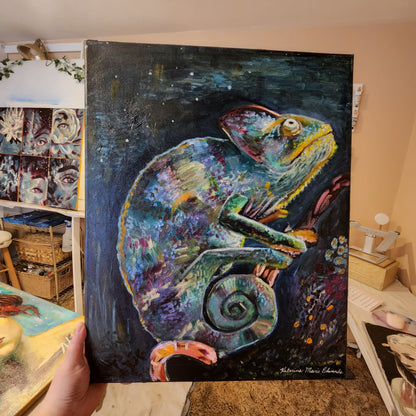 "Cosmic Chameleon" Original Oil Painting on Stretched Canvas